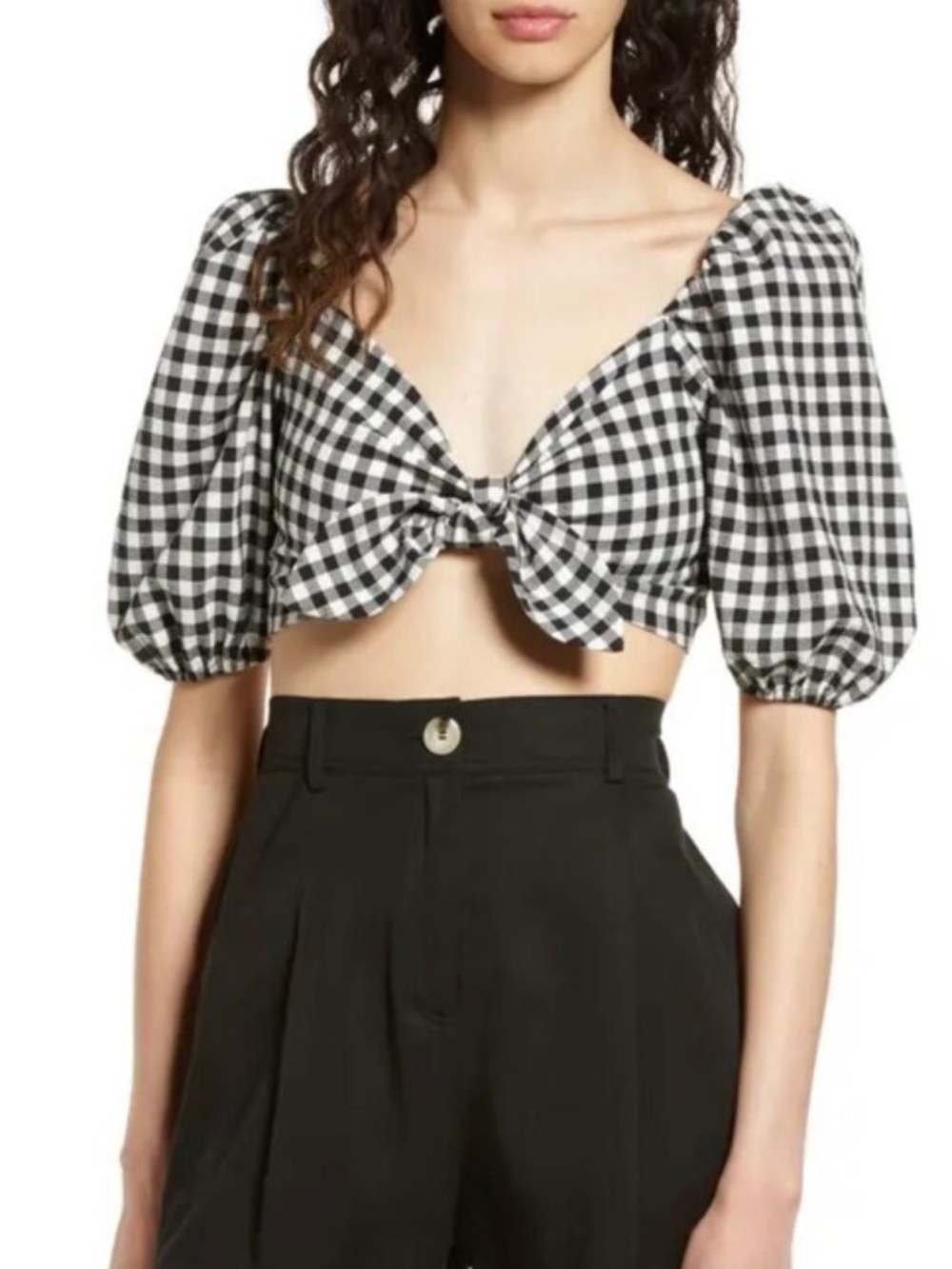 Wayf Black & White Gingham Tie-Front Crop Top S NWT